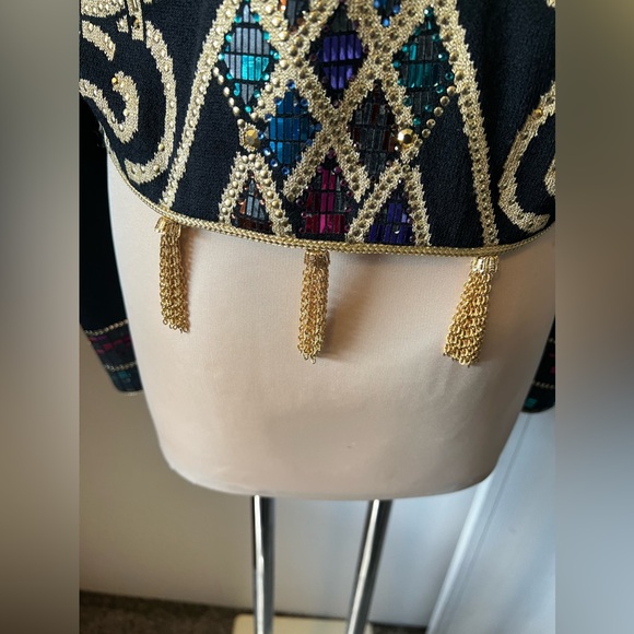 St. John by Marie Gray Evenings Black Jacket Sz. 4 Gold Tassels/ Sequined - Picture 5 of 7